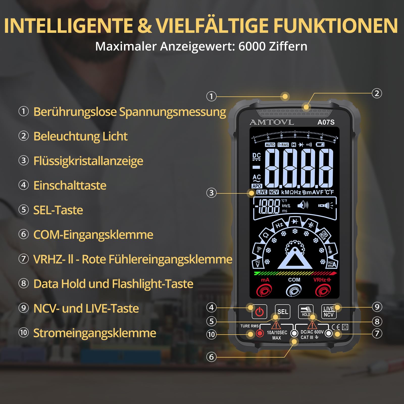 AMTOVL Digital Multimeter 6000 Zählungen USB-C Wiederaufladbar TRMS Farbbildschirm mit Messleitungen für AC/DC Spannung Strom Kapazität Tester NCV Temperatur