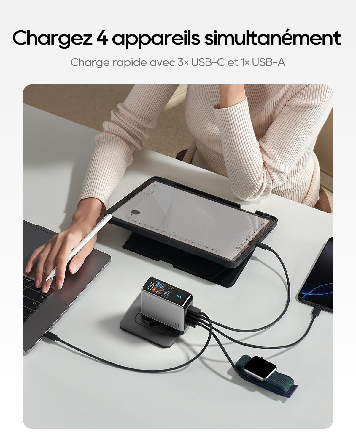 CUKTECH 120W Chargeur USB C GaN à 4 Ports, Écran Tactile TFT, Câble 240W
