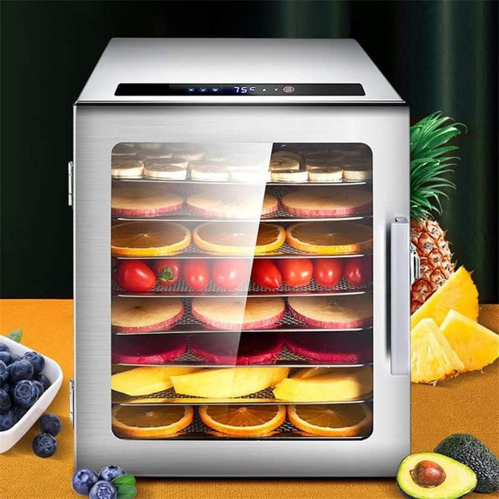Disidratatore elettrico per alimenti, potenza 500 W, impostazioni timer e temperatura, 8 vassoi di asciugatura, acciaio inossidabile, senza BPA - Perfetto per carne secca, erbe, frutta, verdura