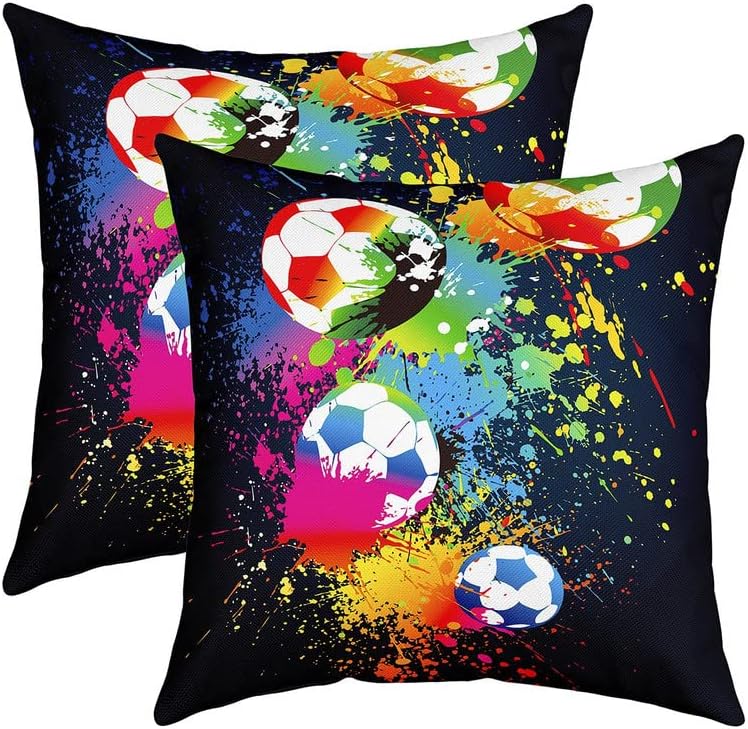 Feelyou Set of 2 Football Throw Pillow Covers, Rugby Sports Cushion Case for Home Living Room Decor, Reversible Soccer Ball Game Tie Dye Decorative Throw Cushion Case, 24x24 Inches Multi 08