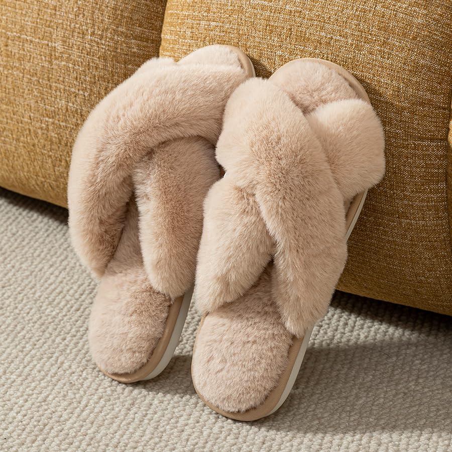 Women's Soft Indoor House Slippers Cross Band Outdoor Open Toe Fuzzy Slippers Memory Foam2