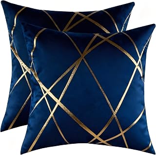 Luxury Velvet Cushion Covers 50 X 50 cm Set of 2 Gold Stripe Decorative Throw Pillow Covers Navy Cushion Covers Sofa Throw Pillow Covers for Sofa Living Room Bedroom