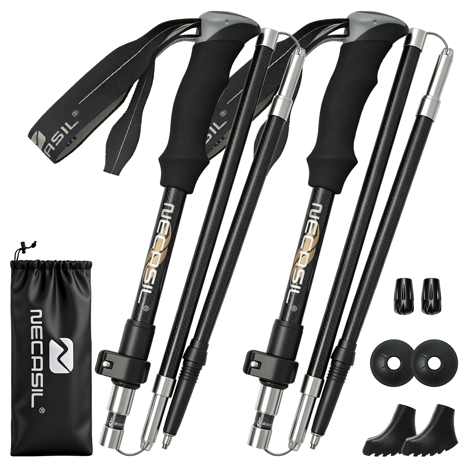Bâtons de randonnée en carbone 3K de qualité supérieure - Ultralégers - 208 g - Bâtons de trekking réglables - 107-125 cm - Avec poignée en liège et extension EVA - Bâtons de marche nordique légers