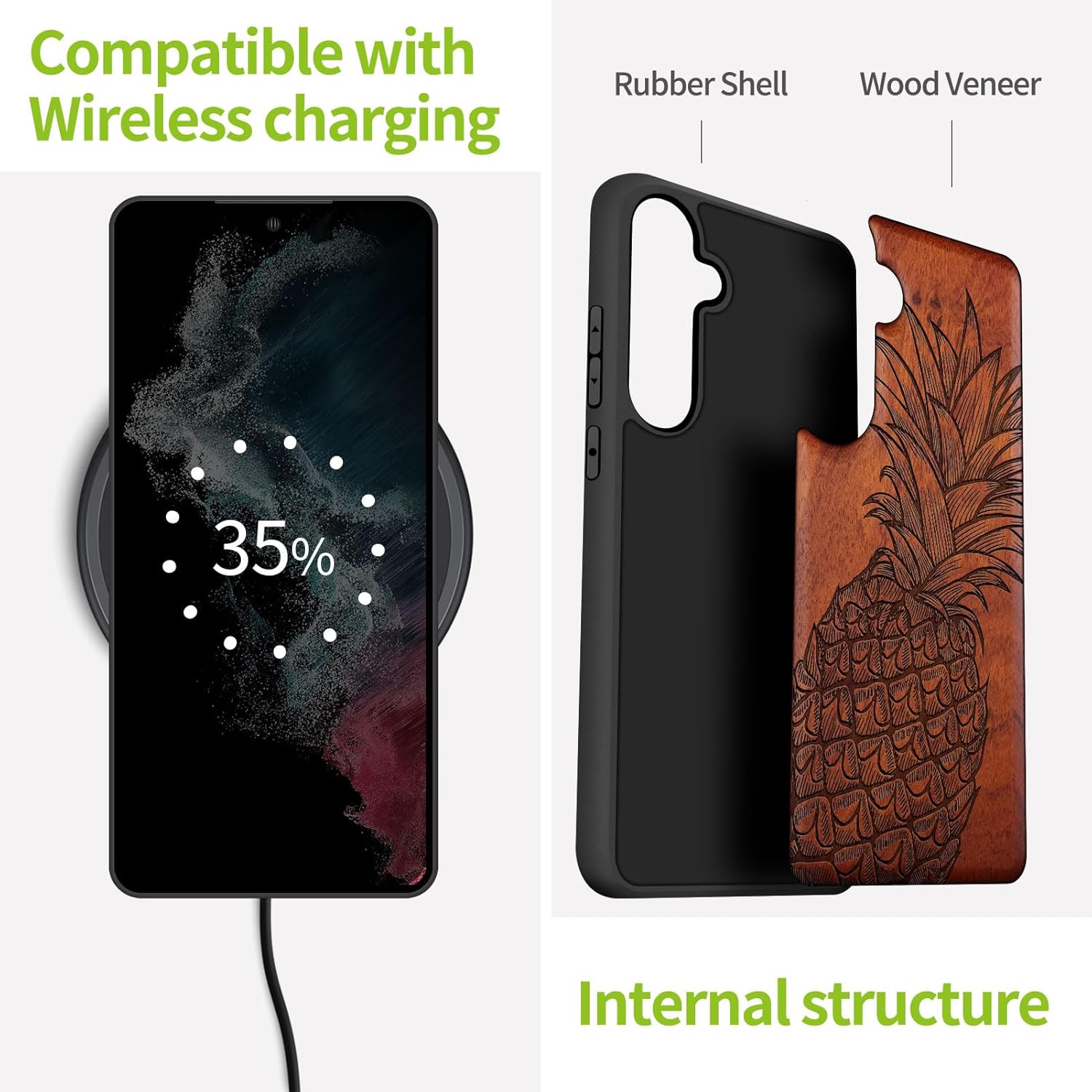 Carveit Wood Case for Galaxy S24 Case [Natural Wood & Black Soft TPU] Shockproof Protective Cover Unique Wooden Design Compatible with Samsung S24 (Pineapple Design-Rosy)
