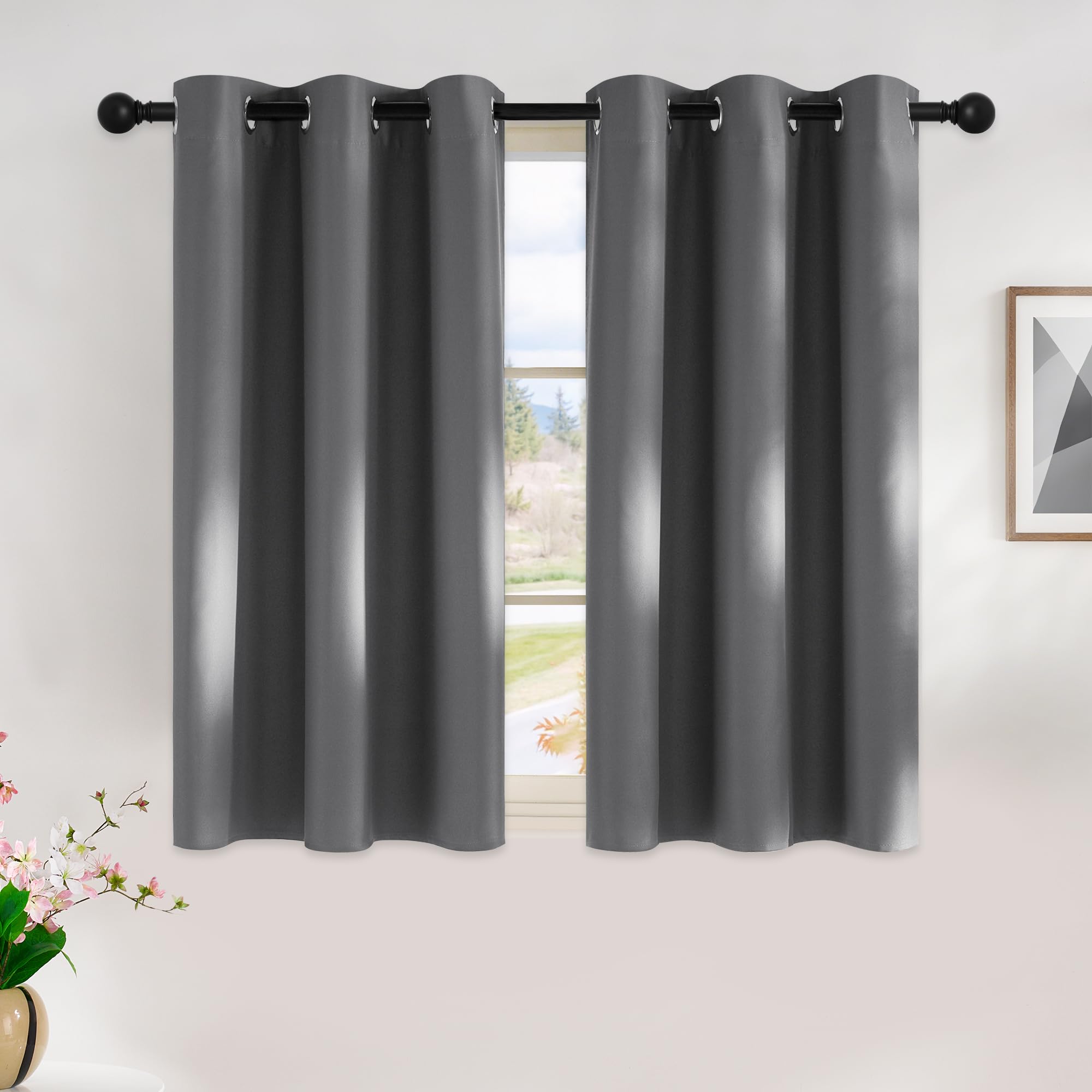 NICETOWN Grey Kitchen Blackout Short Curtain Panels for Bedroom, 45 Inch Long Thermal Insulated Grommet Top Blackout Draperies and Drapes (2 Panels, W42 x L45 -Inch, Grey)