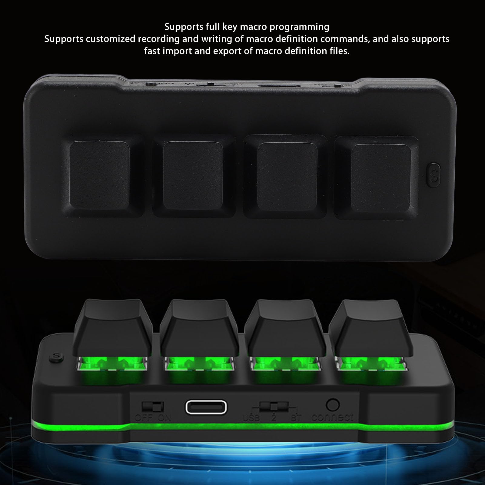 Bewinner Programmierbare Makromechanische Tastatur mit 4 Tasten, Kabelloses 2,4-G-Bluetooth und Kabelgebundenes USB-Gaming-Pad mit Blauem Schalter mit RGB-Hintergrundbeleuchtung für PC,