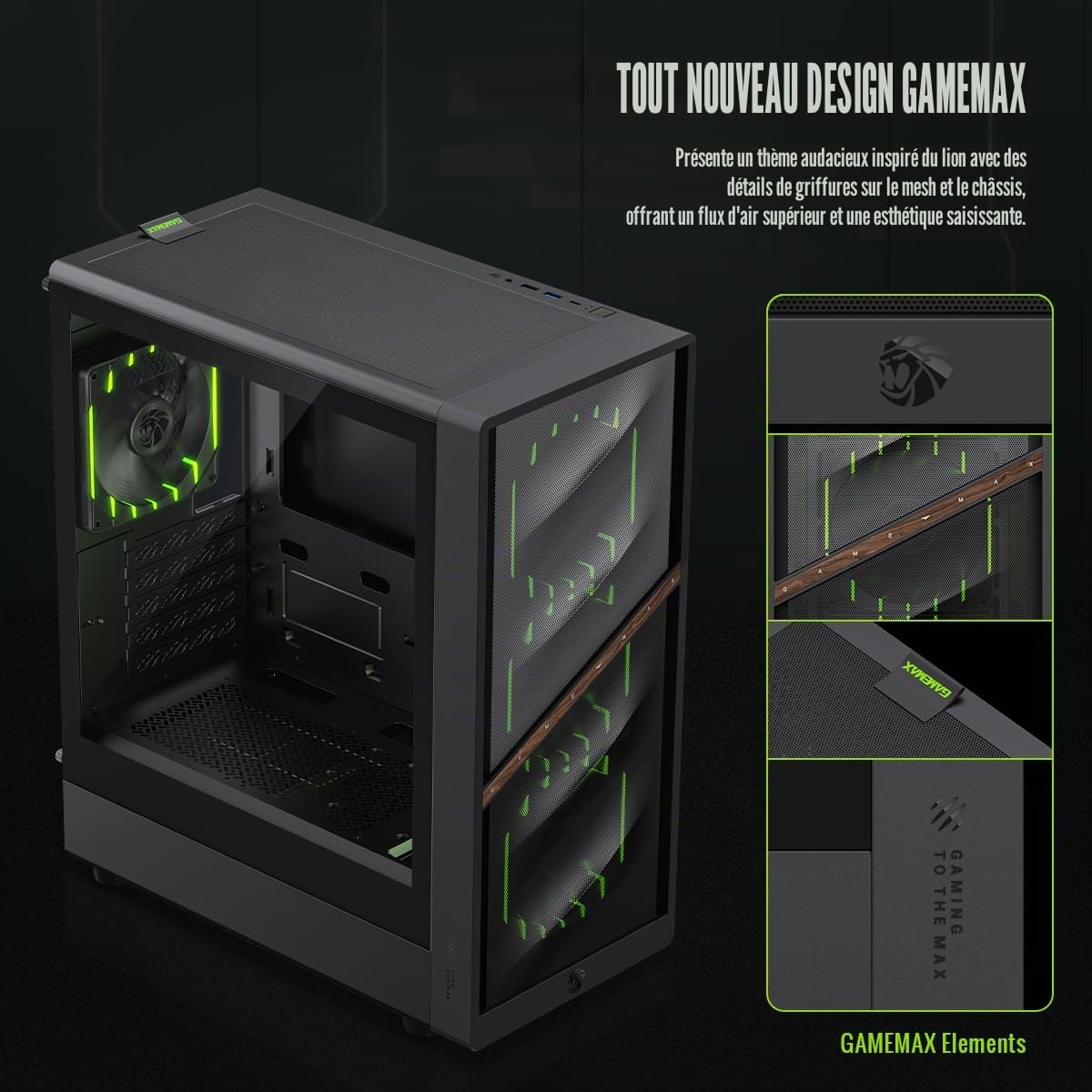 GAMEMAX AERIS 330 MB Boîtier PC Gaming M-ATX Noir, 4 Ventilateurs ARGB Inclus, GPU 330 mm, Radiateur 240/360 mm, USB-C, Stockage Multiple