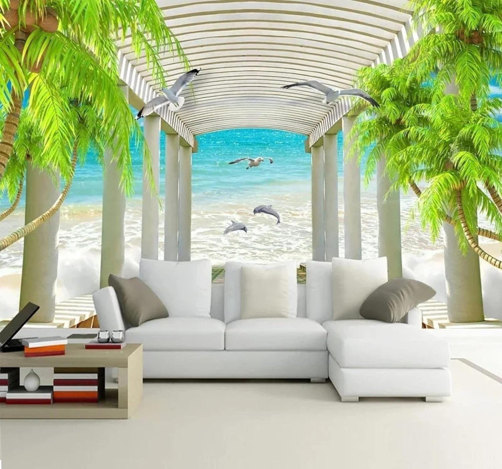 XLMING Fresh Coconut Trees Corridor Dolphins Seascape 3D Wallpaper Premium Textured Silk Study Dining Living Room Bedroom Sofa TV Wall Easy Install-300cm×210cm