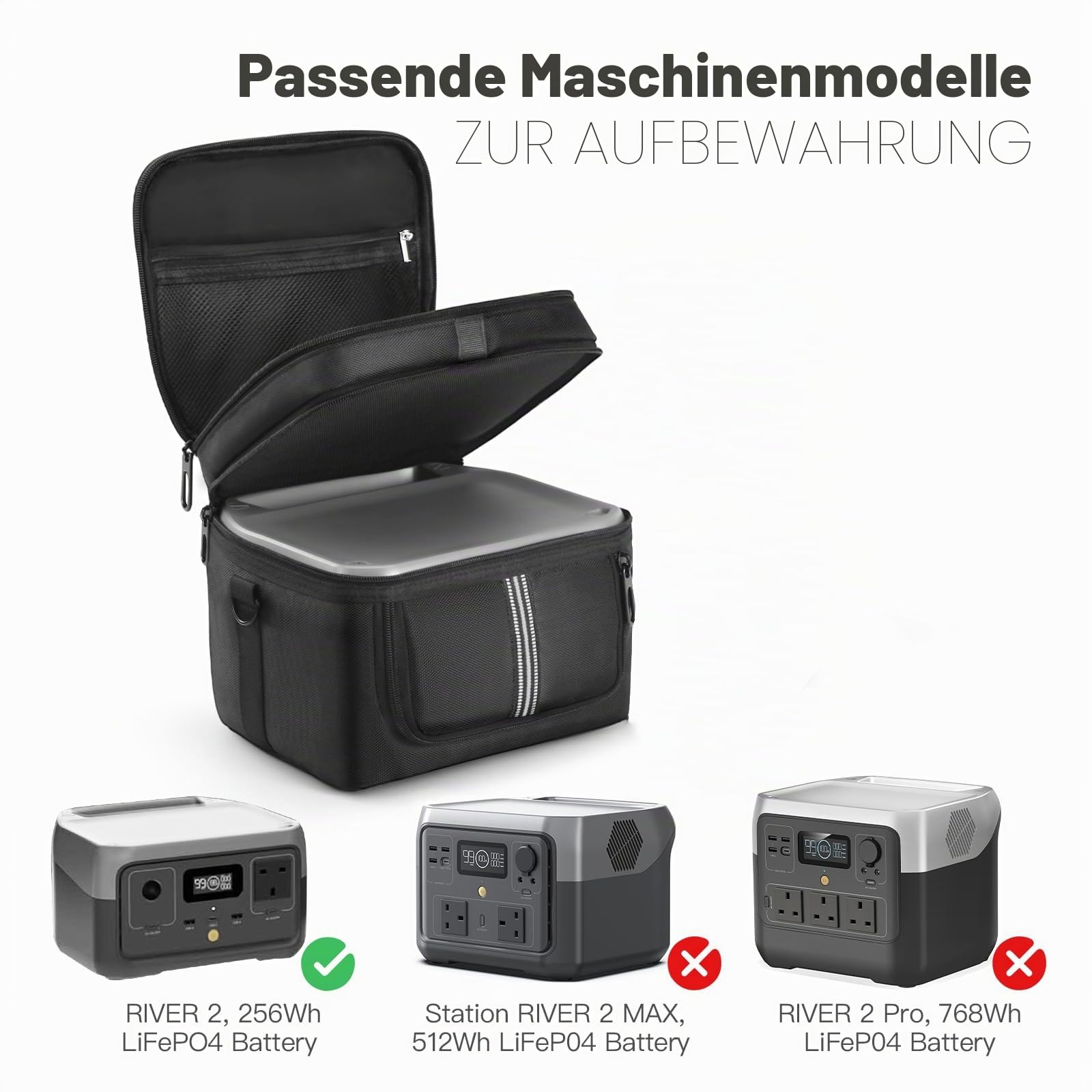 Generator-Tragetasche für ECOFLOW River 2 (256 Wh), zweilagig mit Schnellzugriff und Luftstrom-Reißverschlussfenstern, Schwarz