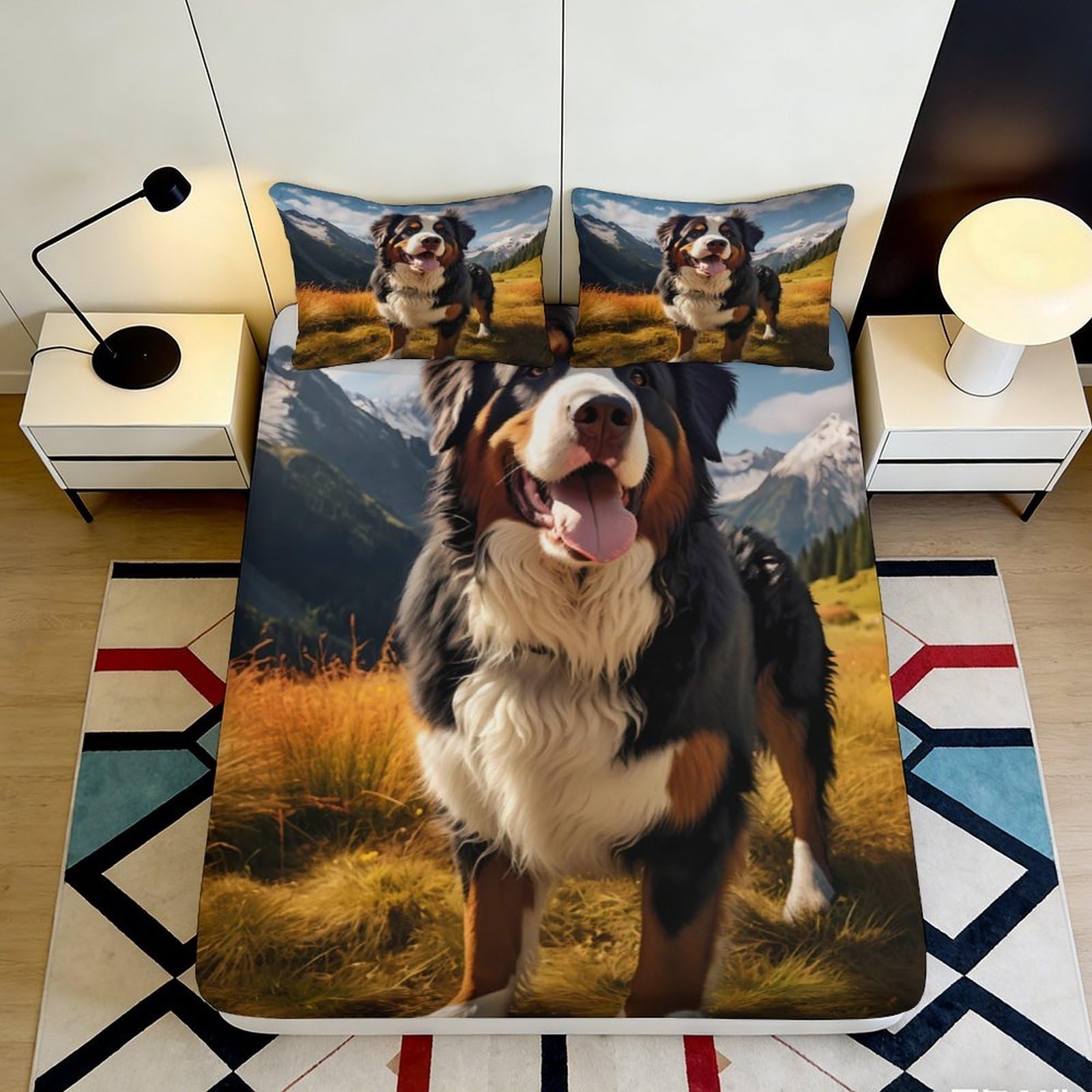 Jqzkxnhpbr Style-1 3D Printed Bernese Mountain Dog Fitted Sheet Microfiber Soft Breathable Meadow Scene Mattress Cover For Bedroom Decor 90X200x25cm