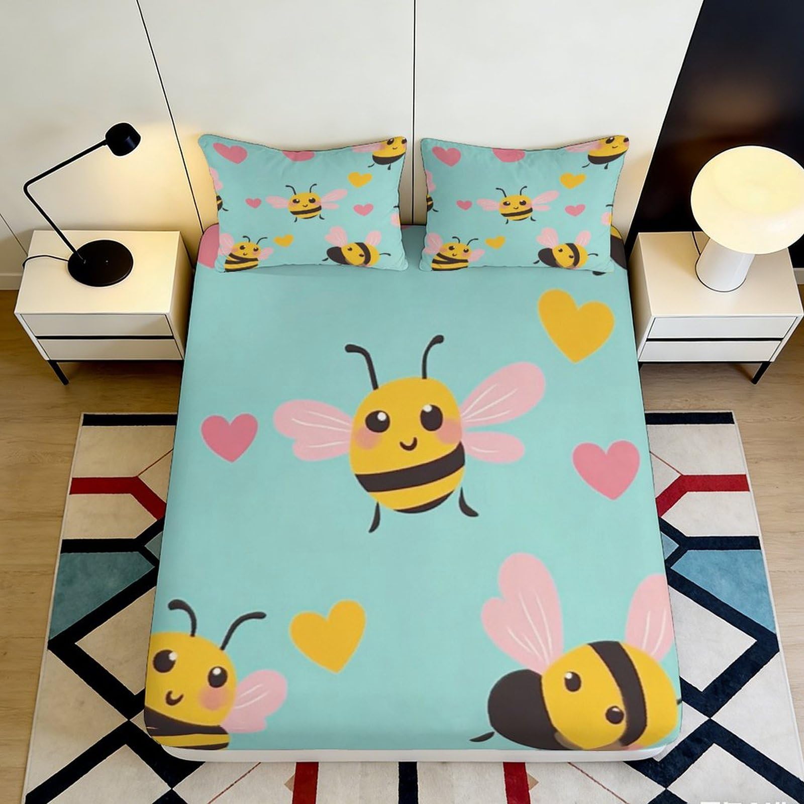 3D Printed Bee Cartoon Fitted Sheet Microfiber Deep Pocket Bedroom Bedding Anti-Slip Bee Mattress Fitted Cover Washable for Adults Teens 140x200x25cm