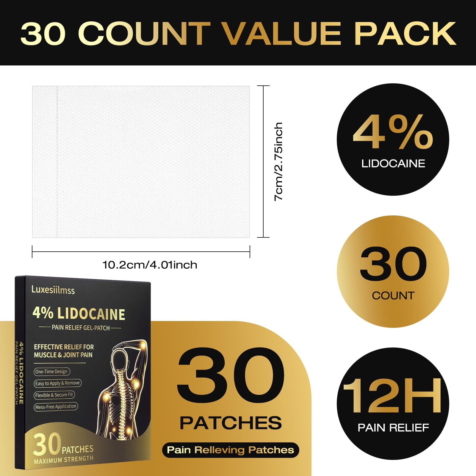 4% Lidocaine Maximum Strength Relief Gel Patches 30 Count Long Lasting 12 Hour Comfort Patch for Back/Neck/Joint/Muscle Discomfort Disposable Flexible Adhesive Patches Easy Peel & Stick No Residue — Amazon image 3