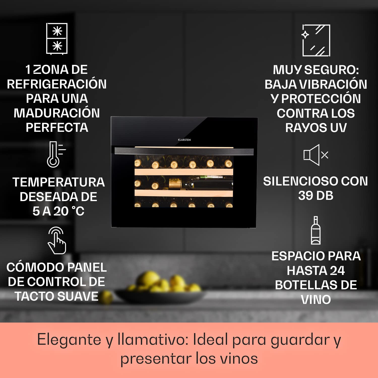 KLARSTEIN Vinoteca para Vinos de 51L Nevera Vino Una Zona, Botellas Vino, Proseco y Cervezas, Vinoteca Pequeña Puerta Cristal para Interior y Exterior, Nevera para Vinos Capacidad 24 Botellas