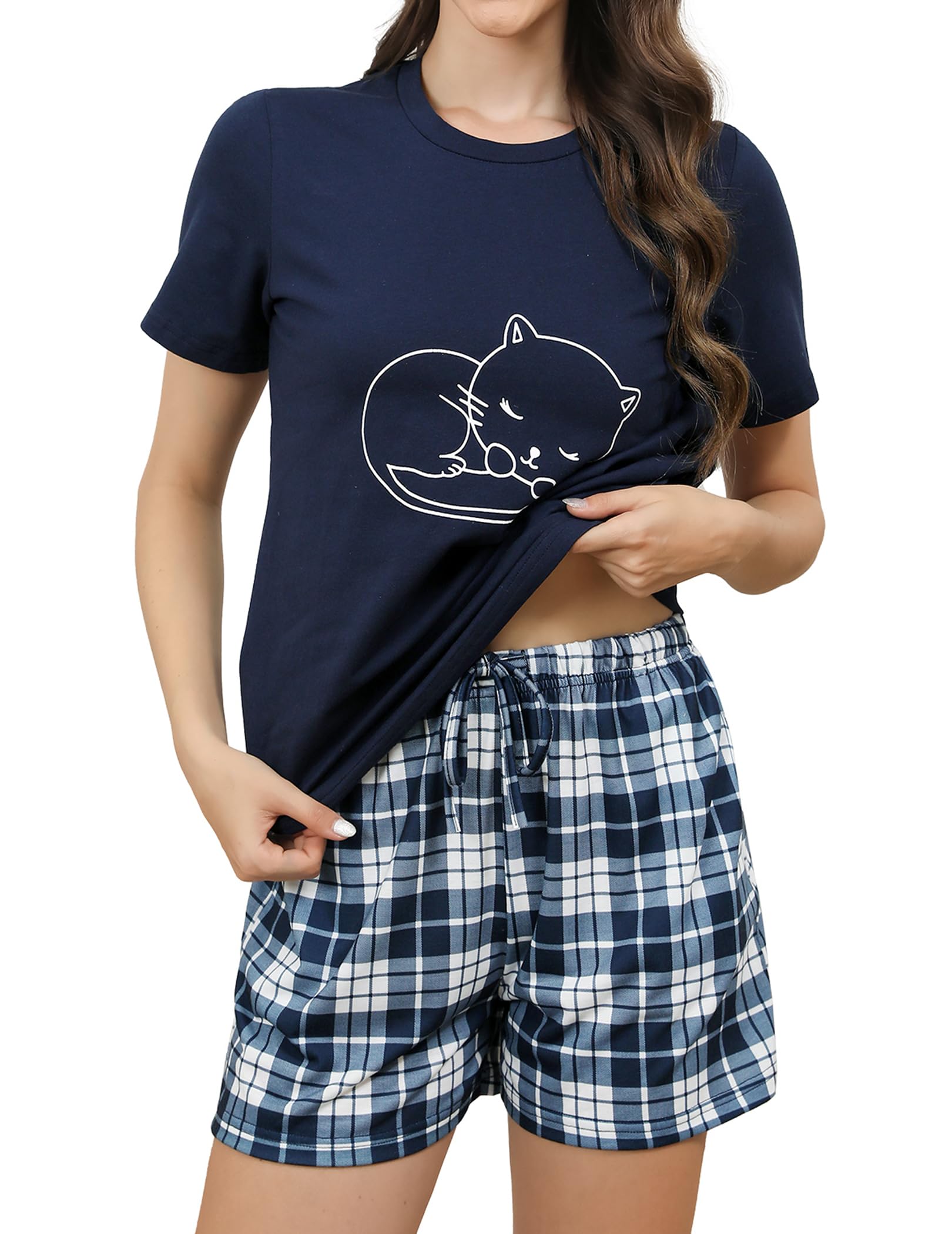 Reliwel Schlafanzug Damen Kurz Baumwolle Pyjama Set Kurzarm Nachtwäsche Set Sommer Zweiteiliger T-Shirt und Damen Pyjamahose Sleepwear Hausanzug Loungewear