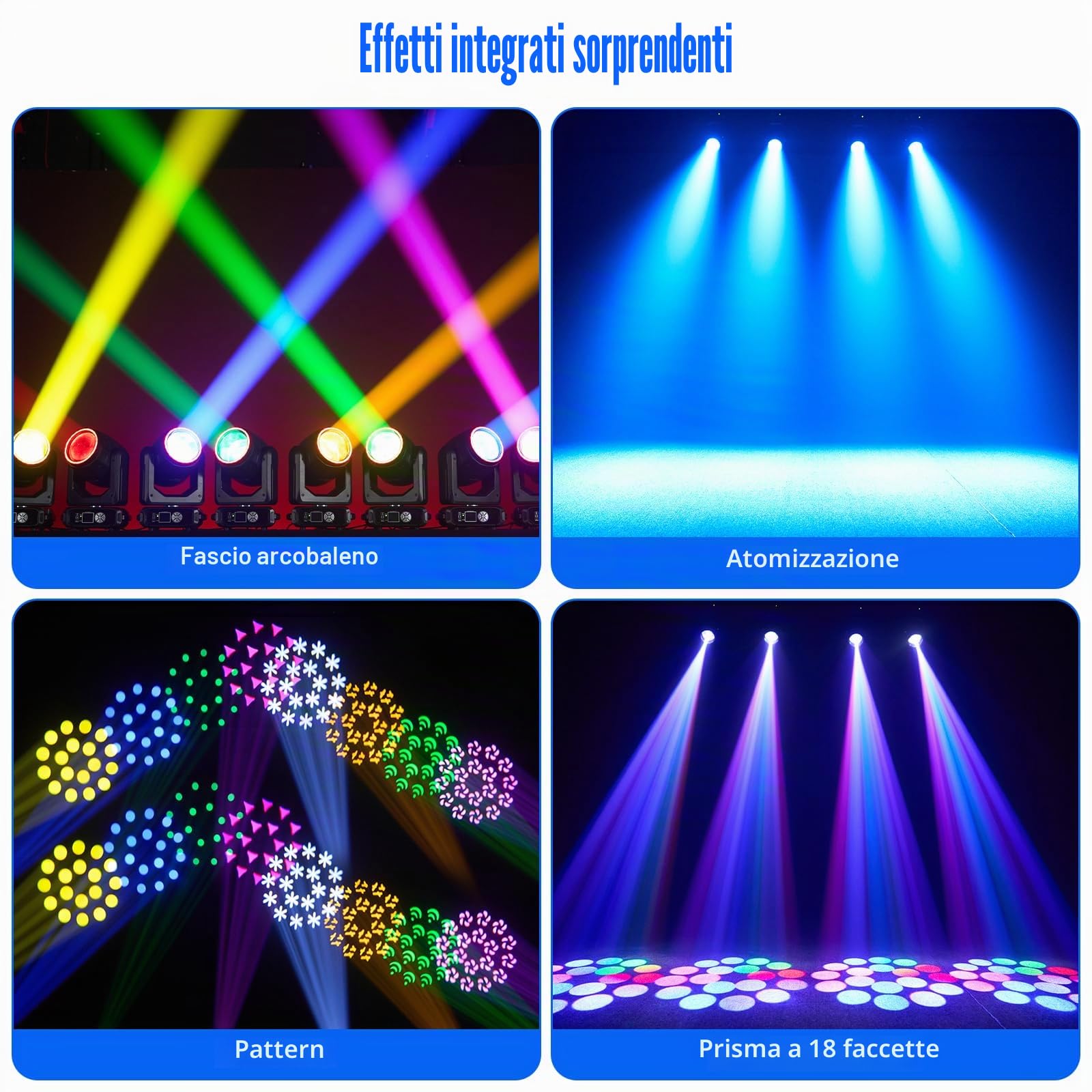 Teste Mobili LED Beam da 200W, Zoom Elettronico 18 Prismi 11+1 Colori e 14+1 Motivi Effetto di Atomizzazione LED RGB d-mx512 (16CH) per Palcoscenico Matrimoni DJ Feste e Natale