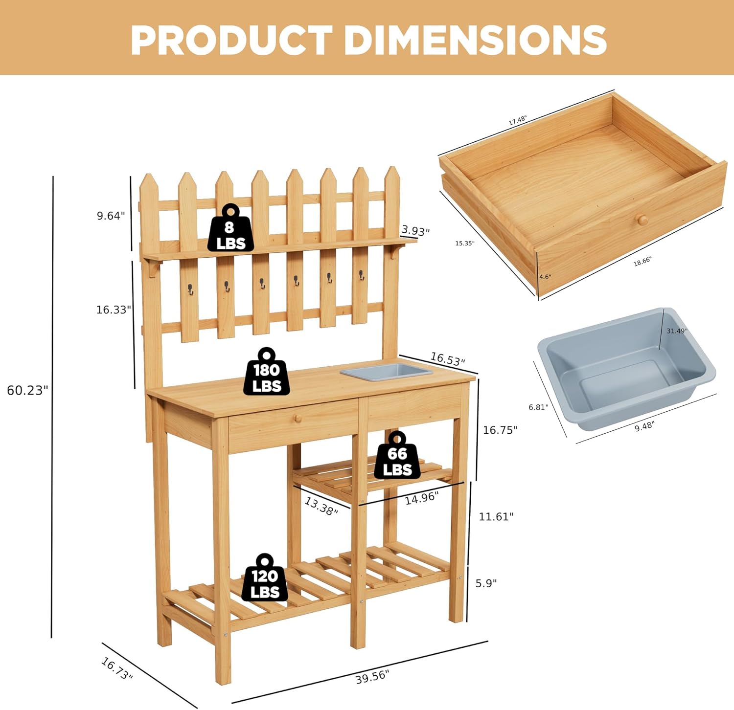Outdoor Garden Potting Bench Table with Drawer,Solid Wood Work Benches Horticulture Furniture Workstation with Open Shelves/Removable Sink/6 Hooks for Patio/Lawn/Garden (Wood) (Wood)