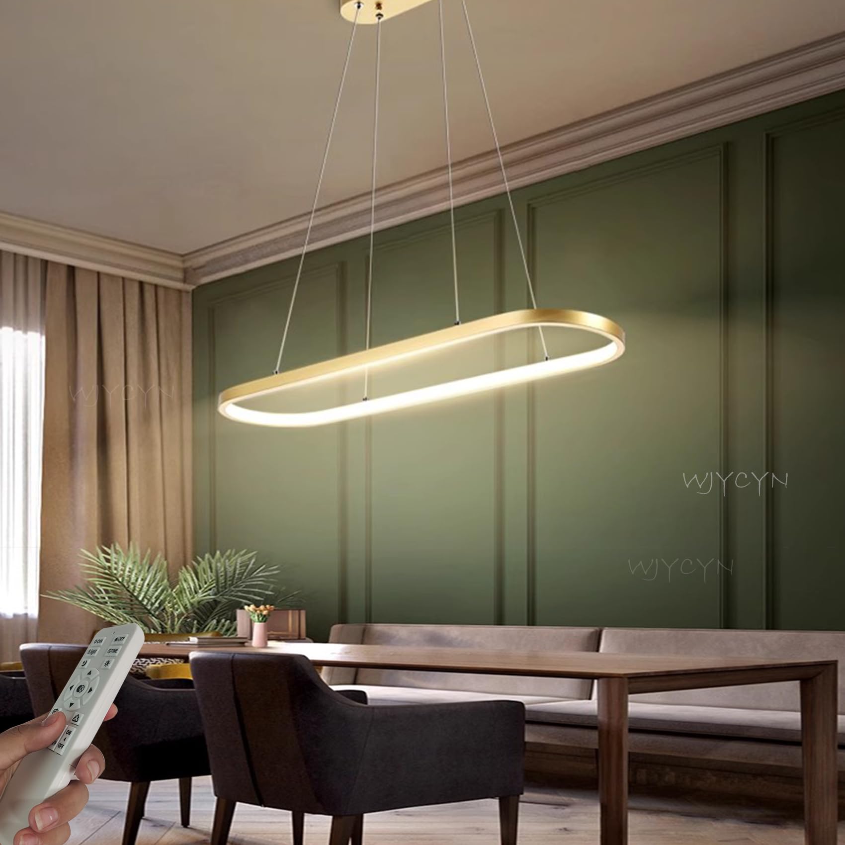 WJYCYN Dimmable Oval LED Chandelier Pendant Light Modern Dining Table Office Lamps with Remote Control Ring Hanging Lamp Height Adjustable Glare Free Room Study Living Room Kitchen B:Gold L70cm 30W