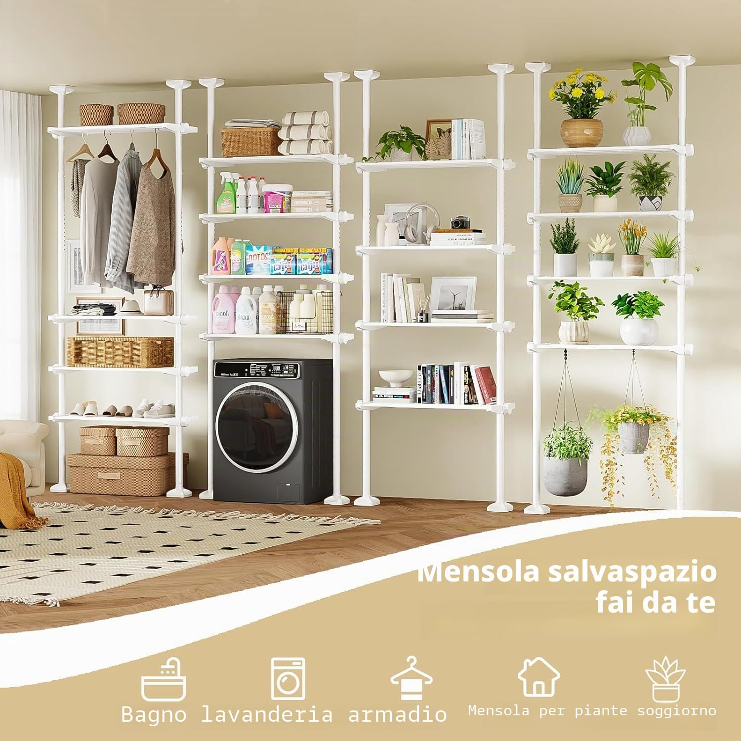 WELDUN Scaffale da bagno a 4 livelli, ripiano da bagno sopra il WC salvaspazio 49-79 cm di larghezza, altezza 122-315 cm, ripiano per lavatrice organizer da bagno