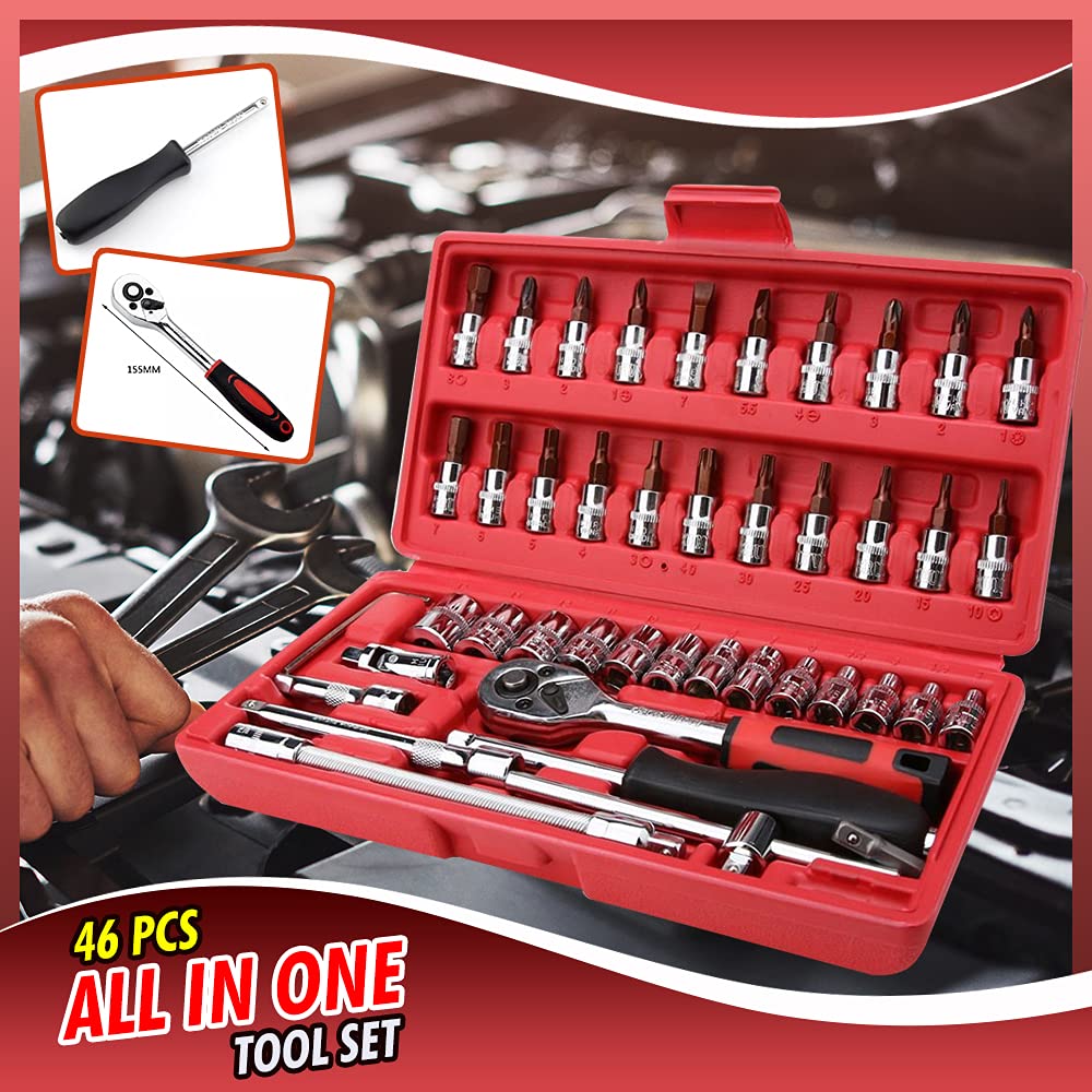 PRIMEFAIR 46pcs 1/4Inch Socket Set Tool Ratchet Torque Hex end Wrench