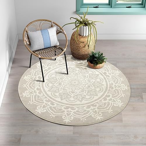 Miniatura 9 de Carvapet Alfombra redonda pequeña de 24 pulgadas, color gris, marfil, con estampado de mandala, antideslizante, lavable a máquina, alfombra suave y