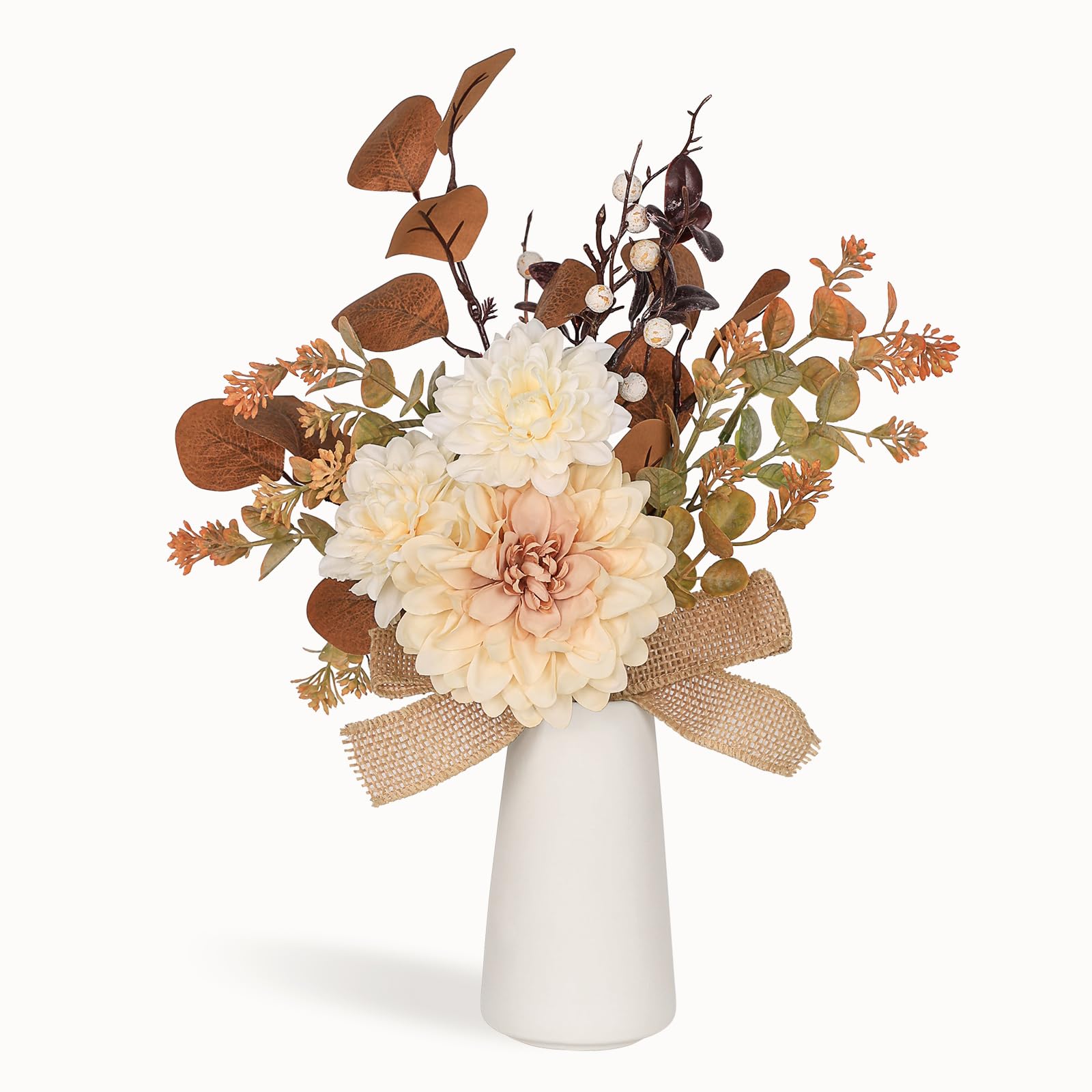 Pequeñas flores artificiales en jarrón de cerámica de 15 pulgadas, centros de mesa de café, arreglos florales de seda, ramo falso de interior para comedor, cocina, boda, decoración del