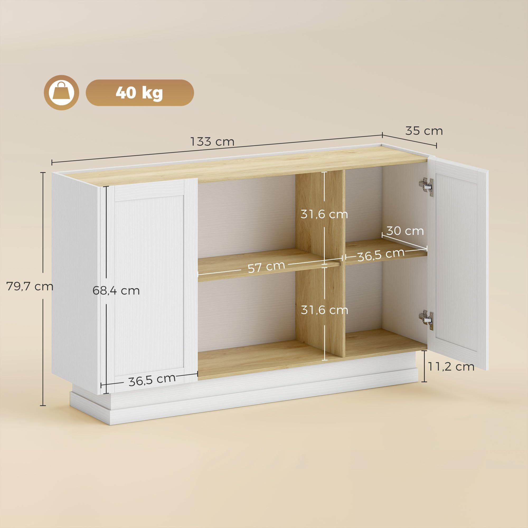 HOMCOM Aparador con 2 Estantes Abiertos 133x35x79,7 cm Natural y Blanco | Armario de Cocina Moderno, 2 Puertas de Cierre Suave, Mueble de TV para 60 Pulgadas, para Salón, Comedor