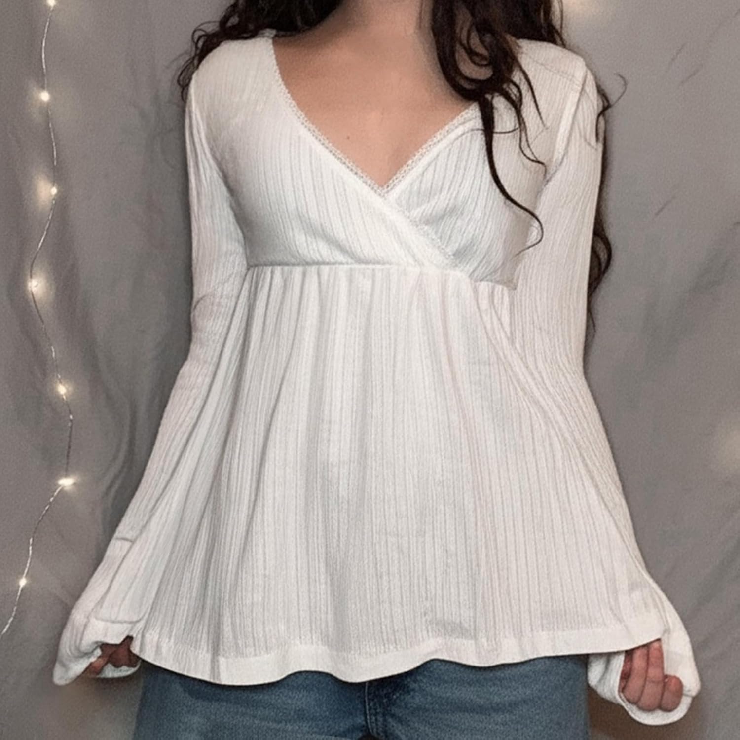 Women Y2k Fairy Grunge Babydoll Tops Long Sleeve V Neck Slim Fit Aesthetic Shirts E Girl Vintage Coquette Blouses - Image 3