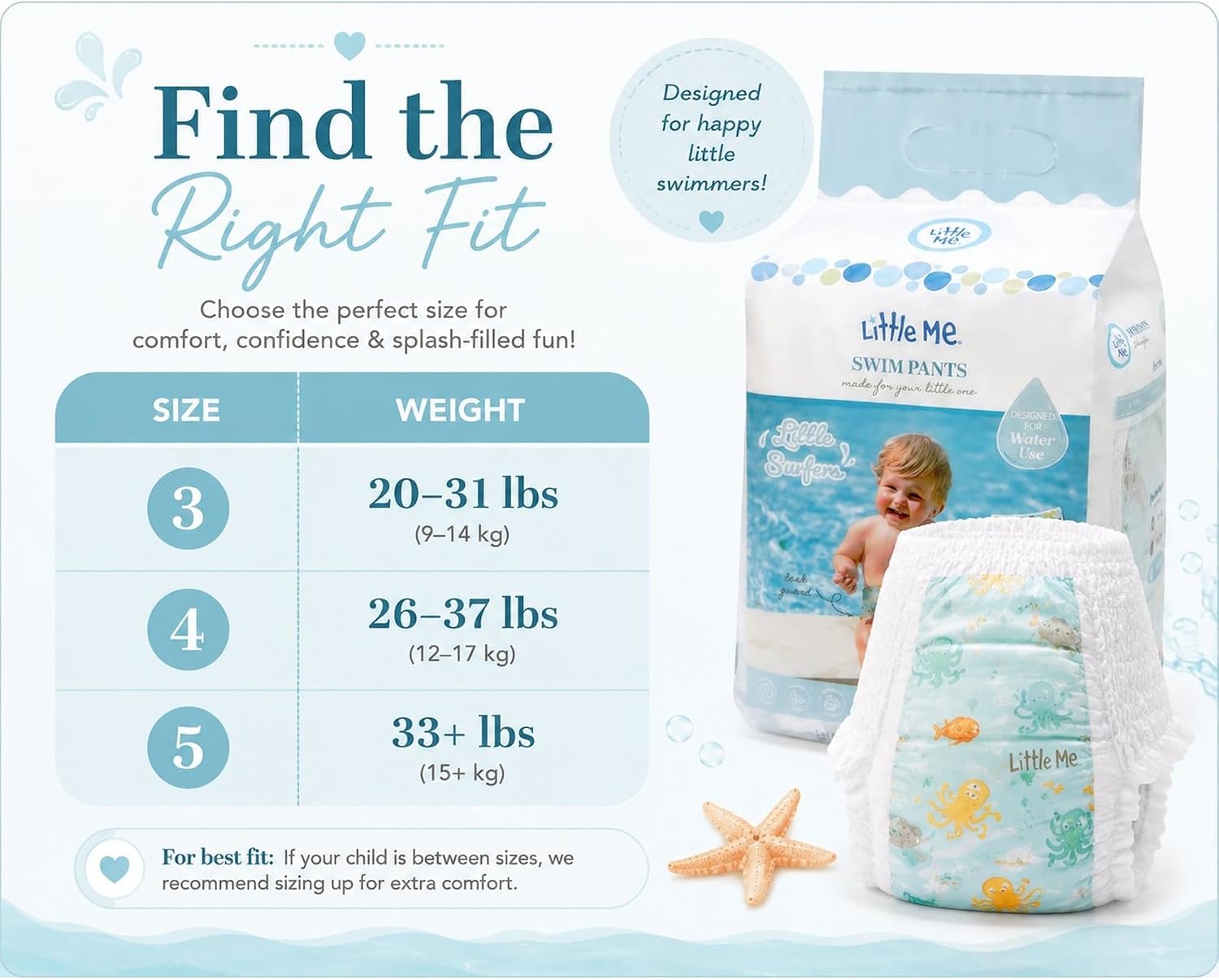 Little Me Swim Pants Disposable Swim Diapers for Babies & Toddlers, Designed for Water Use, Soft & Flexible Stretch Fit, Leak Guard Protection, Cute Sea Creatures Print, 20 Count (Size 4, 20, Count)