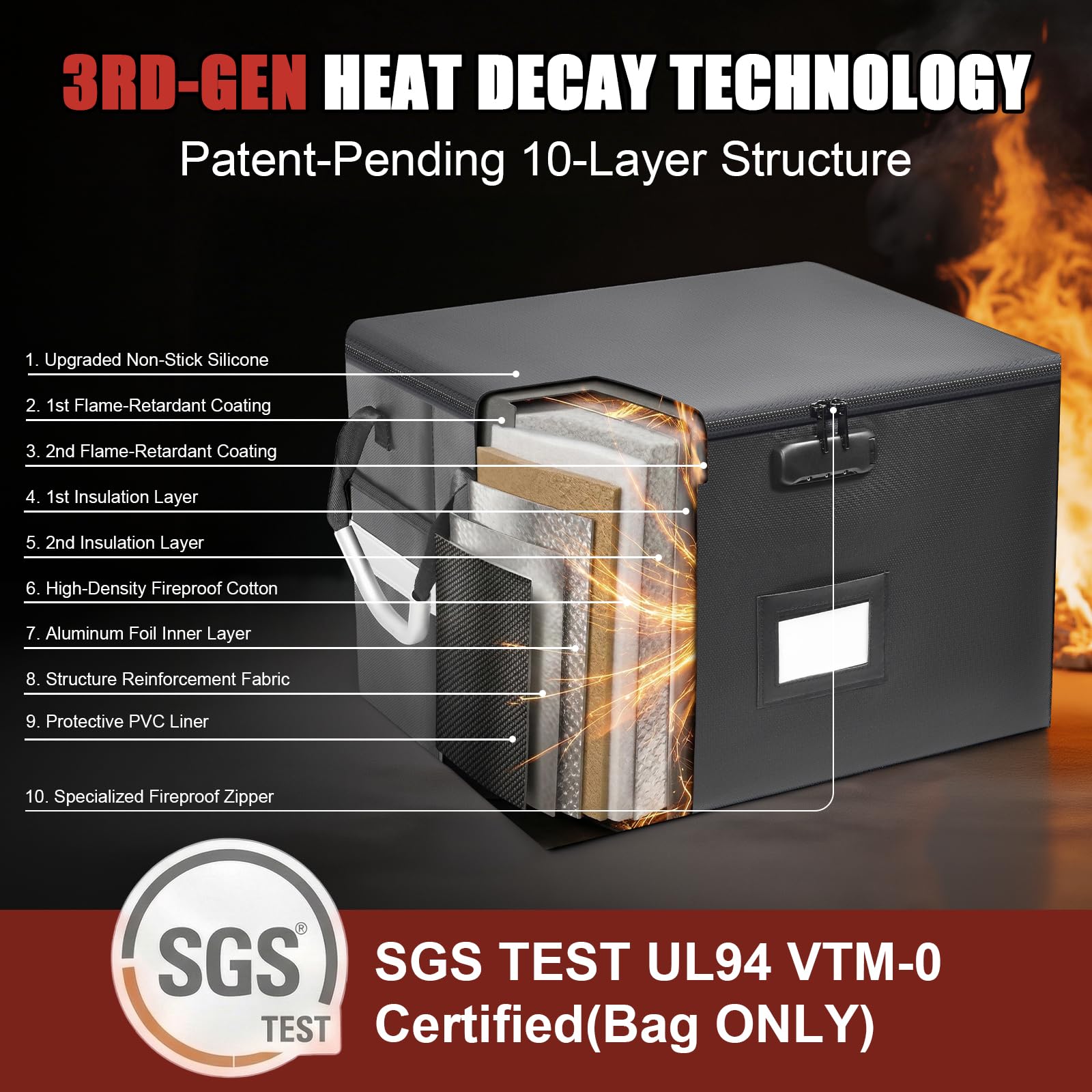Scatola per documenti ignifuga aggiornata da 3400 °C, con struttura di decadimento del calore a 10 strati, per cartelle legali, casa, ufficio e viaggi d'affari, organizer portatile da 60 litri con 3