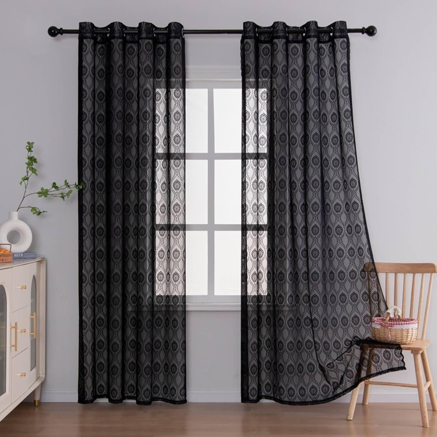 Small Window Curtains Sheer 39 inch 2 Panels, Sheer Drapes for Living Room Grommet Solid Black Floral Jacquard, 140x100cm, Polyester