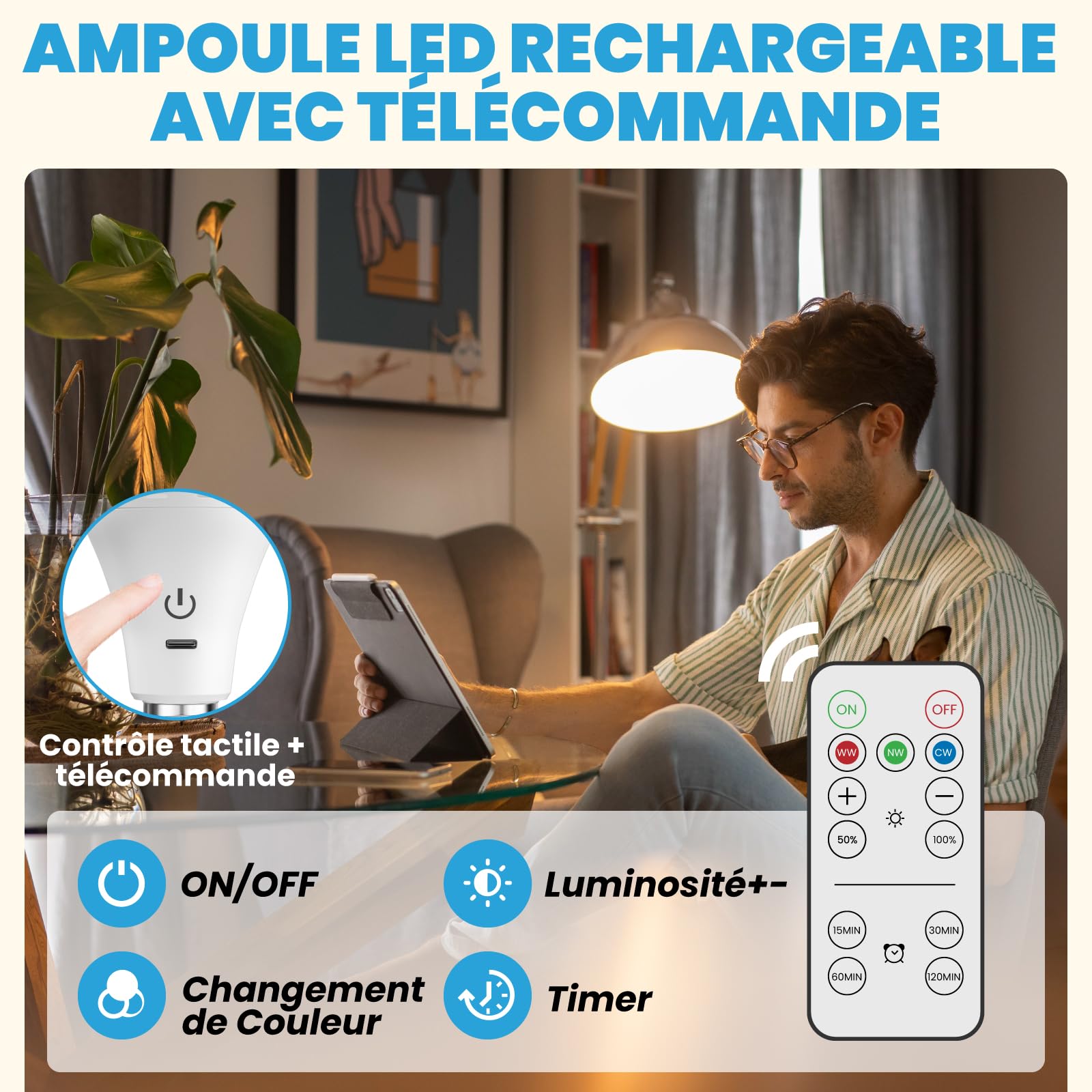 Ampoule Rechargeable E27 avec Télécommande, 3 Températures de Couleur Dimmable Ampoule Batterie Sans fil Rechargeable USB-C pour Urgence, Lampe de Camping, Usage extérieur(Lot de 2)