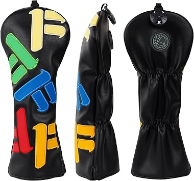 Golf Club Wood Head covers for Driver/Fairway/Hybrid 1FH Elastic Closure Black PU Leather Multicolored Text
