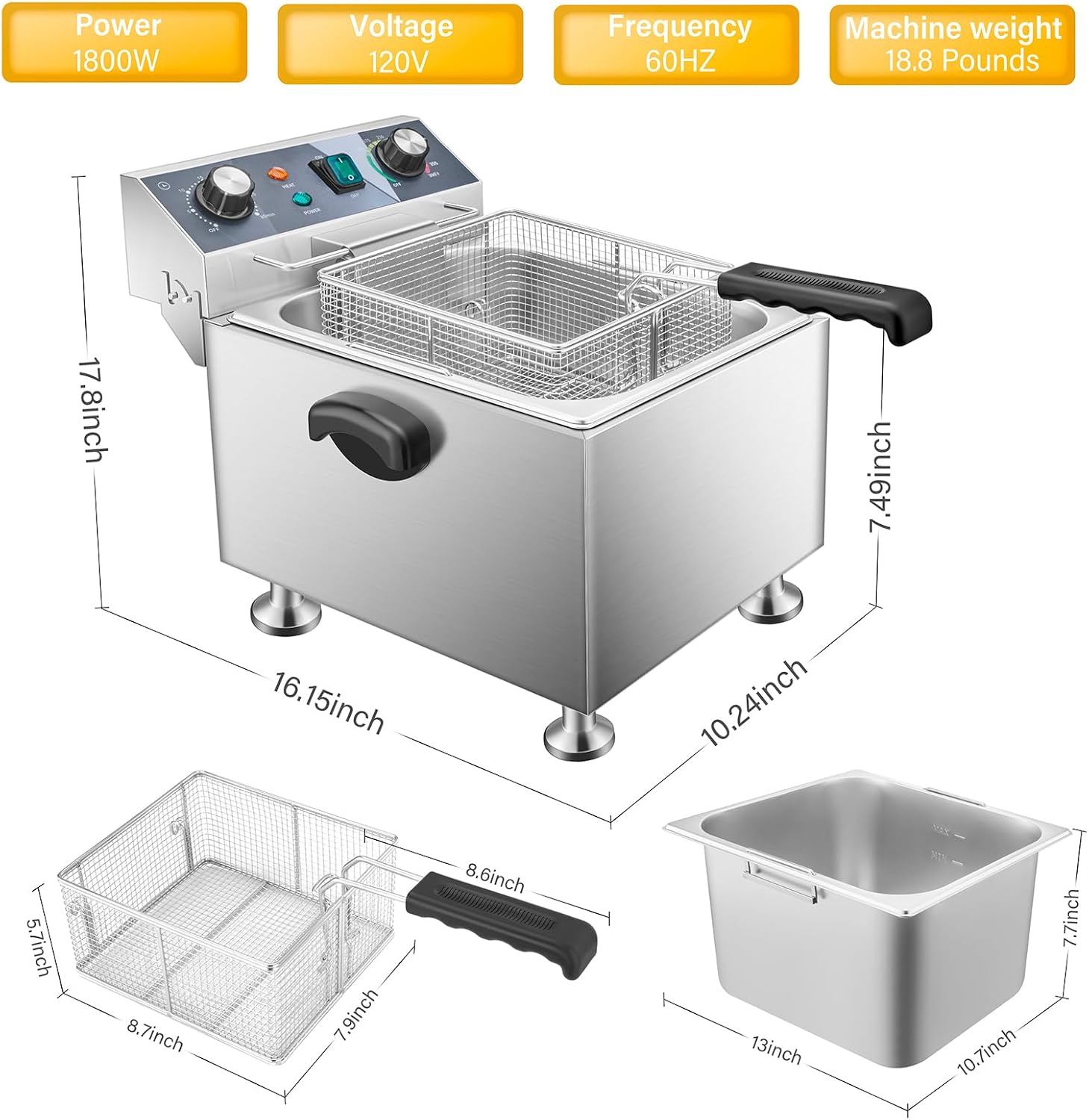 Electric Deep Fryer - 13L 13.7QT Commercial Deep Fryer 1800W 120V18.7Pounds withTroperature Control and Timer Large Basket Fryer for Commercial and Domestic Kitchens