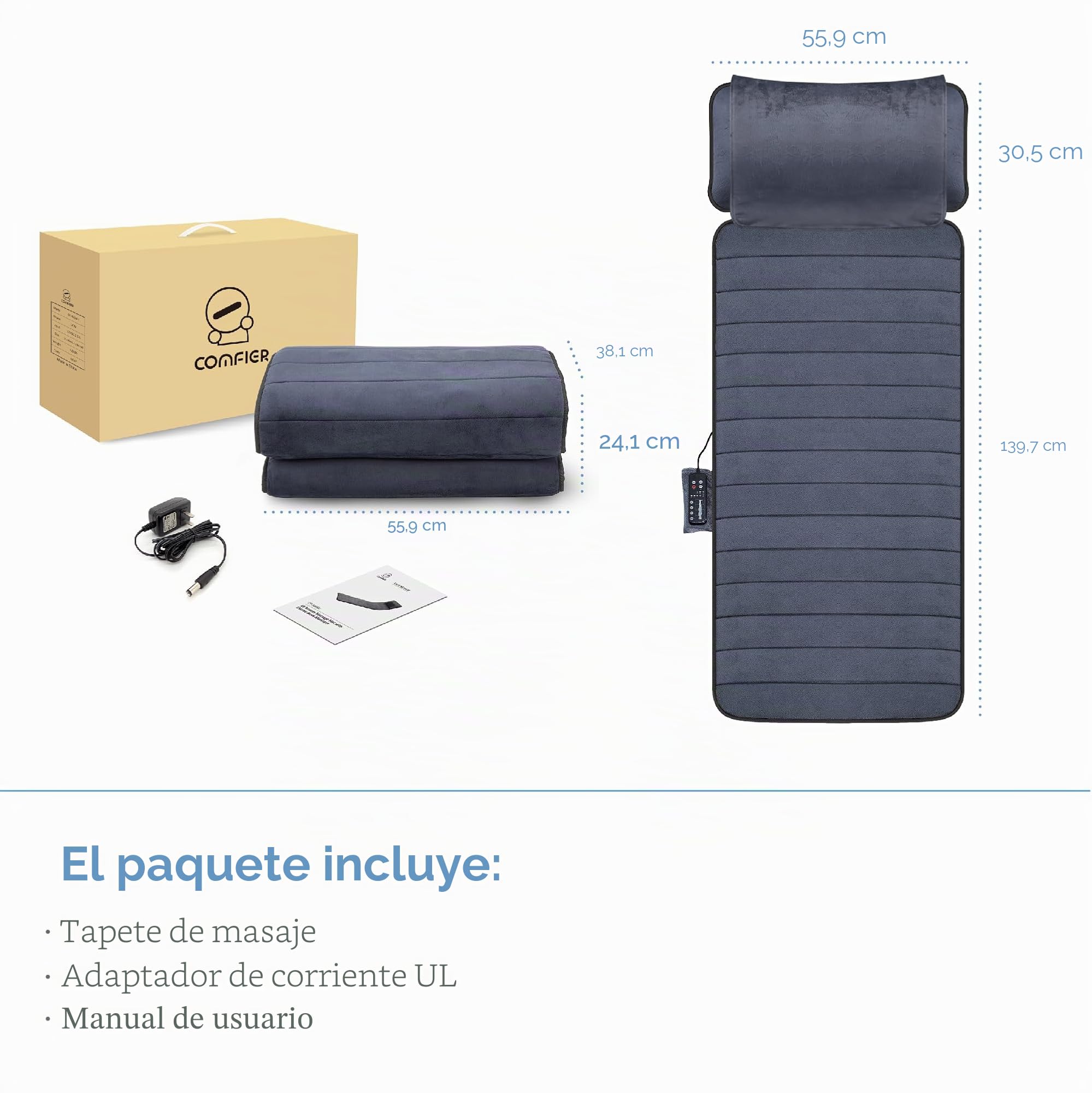 COMFIER Colchón Masaje De Cuerpo Completo Con Función De Calor, 10 Motores De Vibración Funda De Asiento De Masaje Con Almohada Shiatsu Ajustable Para El Cuello, Regalo Hombre Mujer