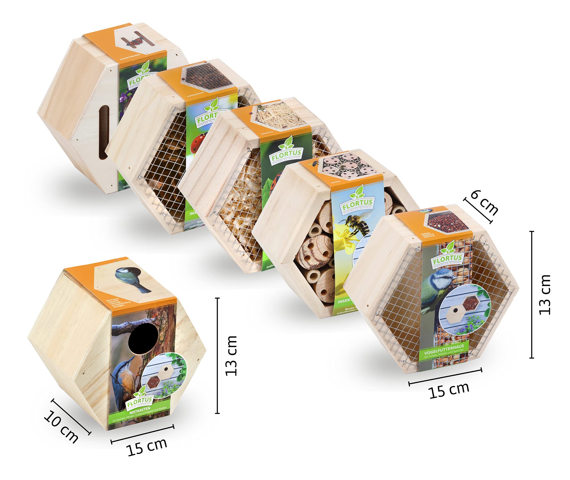 FLORTUS Set aus Insektenhotels, Vogelfutterhaus und Nistkasten im Set | Insektenhotels kombinierbar | Bienenhotel Schmetterlingshaus Marienkäferhaus