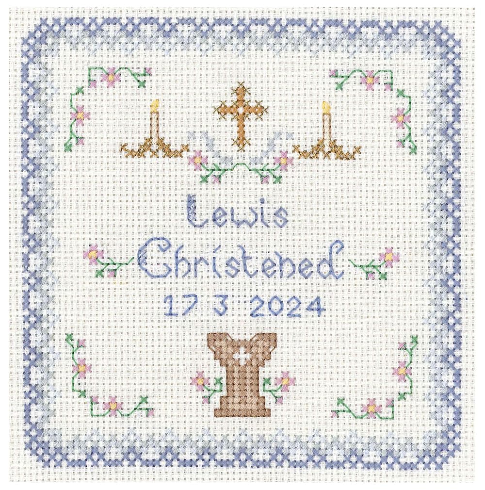 Christening Sampler in Blues - complete cross stitch kit on 14 aida
