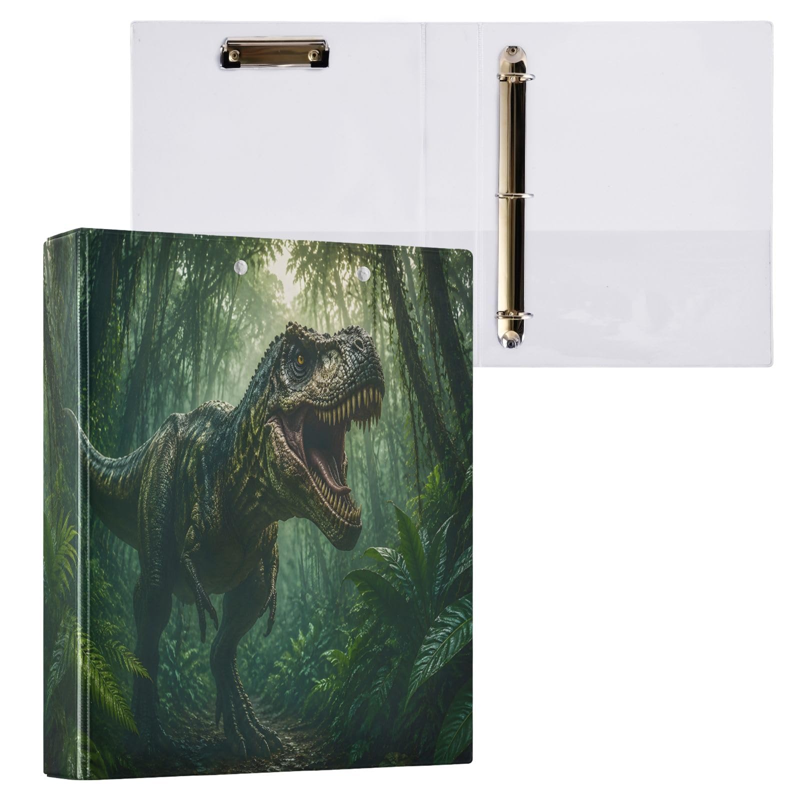 Raccoglitore a 3 anelli con dinosauro verde, 3,8 cm, contiene 200 fogli, 3 raccoglitori ad anelli con clip in metallo antiscivolo