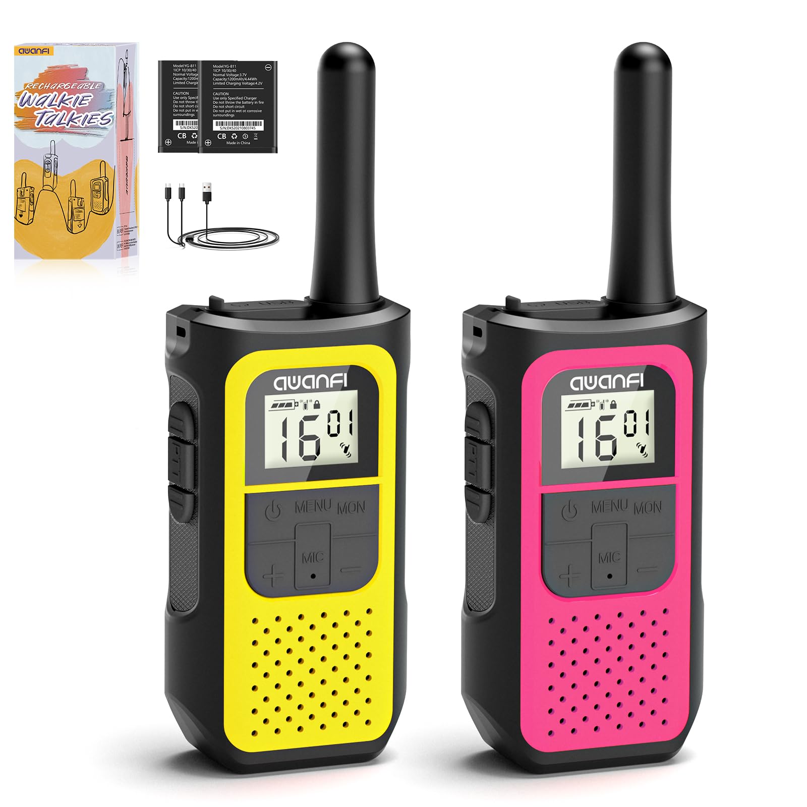 AWANFI Walkie Talkies for Adults Kids, 4 Pack Rechargeable Walkie Talkies with 1200mAh Battery, Long Range 16 Channels Radios, Walky Talky with USB-C Cable, VOX-Hands free for Outdoor Camping Hiking — view 12