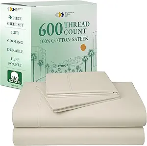 California Design Den Queen Size Sheet Set - Luxury 600 Thread Count Sateen, 100% Cotton Sheets, Deep Pockets, All Around Elastic for a Snug Fit, Hotel Quality Bedding Set - Ivory (Creamy Beige Tone)