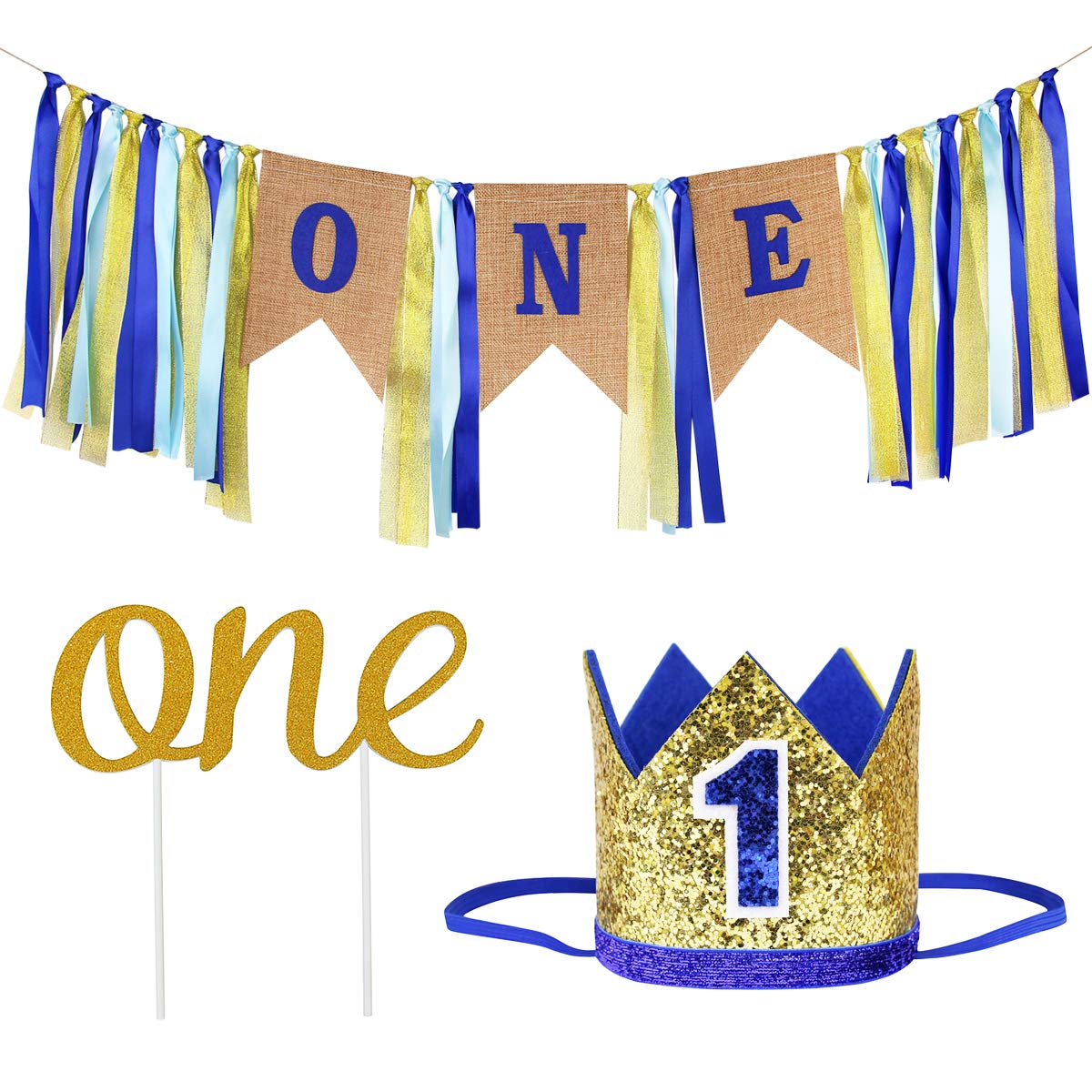Ecore Fun First Birthday Decorations Party Supplies for Boy - 1 Pc High Chair ONE Banner + 1 Pc NO.1 Crown + 1 Pc ONE Cake Topper for Boy First Birthday Party