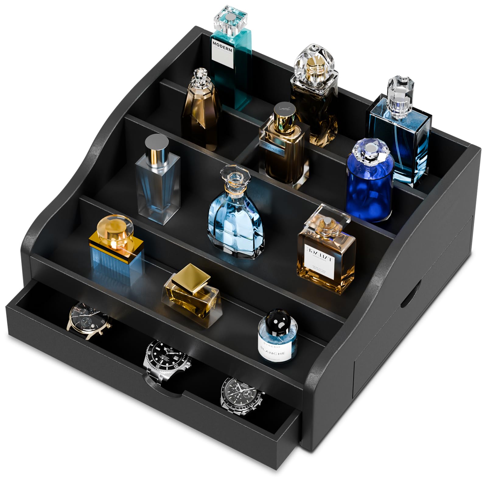 Perfume Organizer for Men 4 Tier Cologne Organizer for Men Wood Cologne Stand with 2 Drawer and Hidden