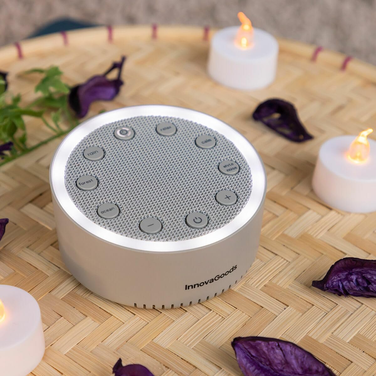 InnovaGoods® Máquina de Relajación con Luz y Sonido para Dormir, 2 modos de iluminación Fija o secuencial, 6 sonidos predefinidos, Maquina de relajacion Apagado automático.