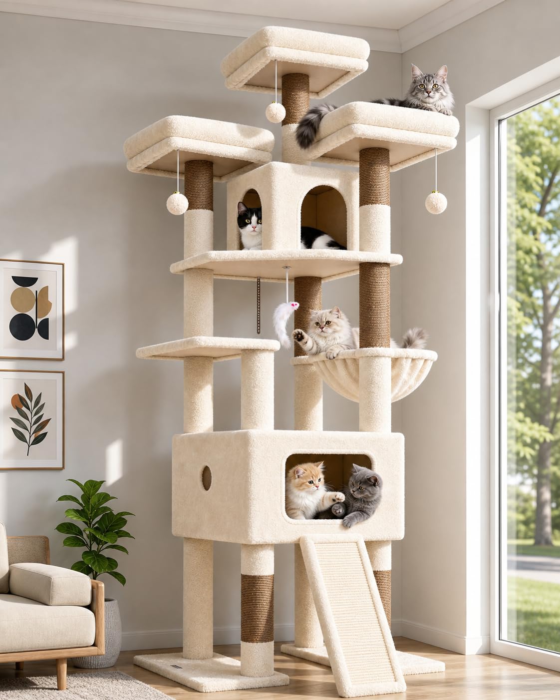 Globlazer Kratzbaum XXL Beige für Große Katzen 192 cm Stabil Katzenbaum F75 | Extragroß Katzenhäuse, 3 Gepolsterte Sitzstangen, Sisal Kratzbrett, für Kätzchen Schwere Katze, Einfach Montieren, Innen
