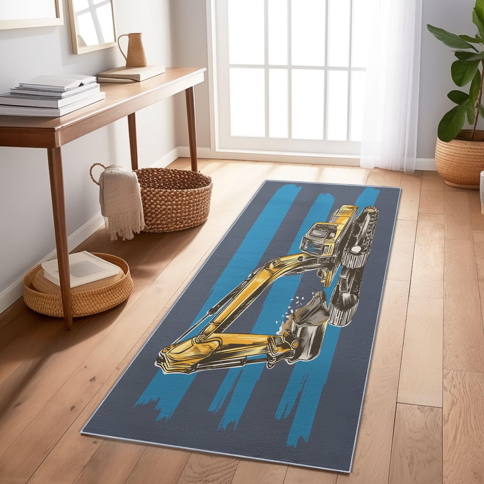 Tappeto a pelo corto lavabile, 65 x 240 cm, giallo, morbido, antiscivolo, semplice veicolo per bambini, veicolo da cantiere, per interni, per soggiorno, camera da letto, sala da pranzo, cameretta dei