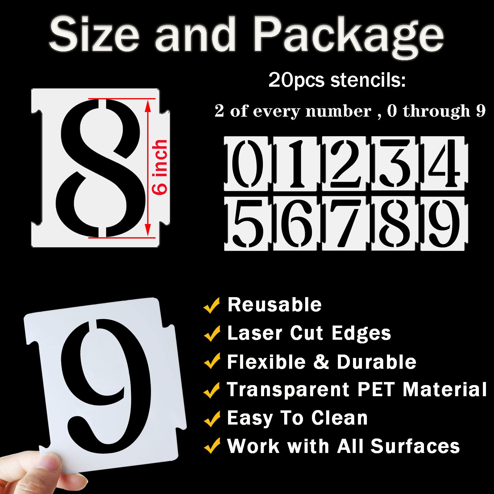 YEAJON Kit de plantillas de bordillo de 6 pulgadas 0-9 plantillas de números de dirección, 20 plantillas reutilizables de plástico Mylar de 14 mil para pintar en carretera, pared, madera, buzón