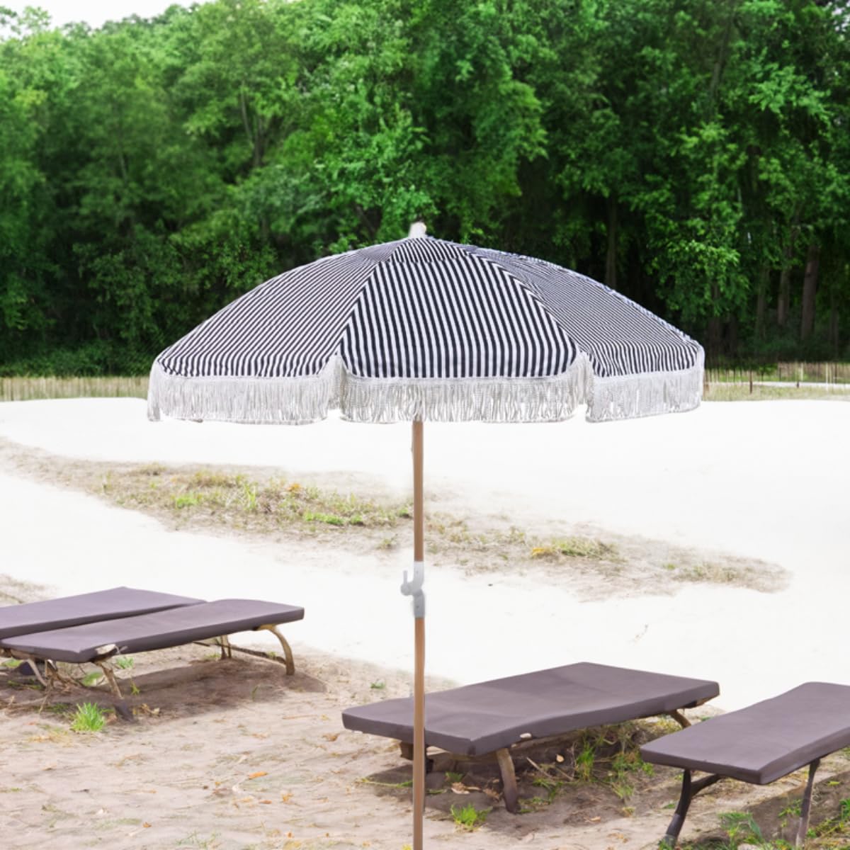 newgarden - Sombrilla Naranja de Tela y Flecos para Exterior, Playa, Jardin Ø 220 cm Plegable. Estructura de Acero Inoxidable Altura Ajustable para la Terraza y el Balcón