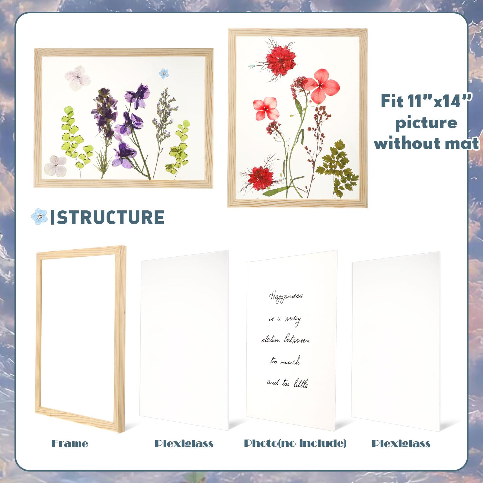 Wesiti 4 Pieces 11 x 14 Inch Floating Frames for Pressed Flowers with 6 Packs Pressed Flowers, Wooden Double Sided Pressed Picture Frames Dried Flowers Kit for DIY Wedding Gallery Wall Home Decor