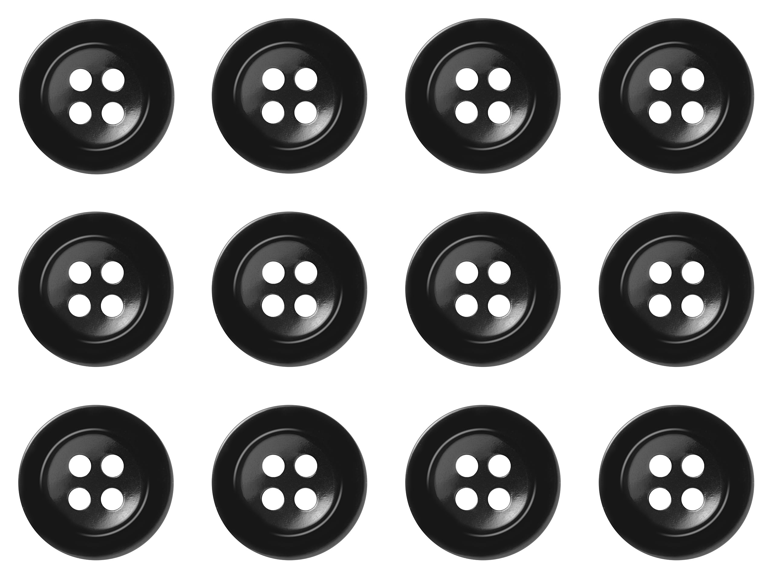 Pack of 12 Black 15mm Round Sew On Buttons for Trousers with Braces Suits Skirts Domed 4 Holes, Pack of 12 15mm Buttons