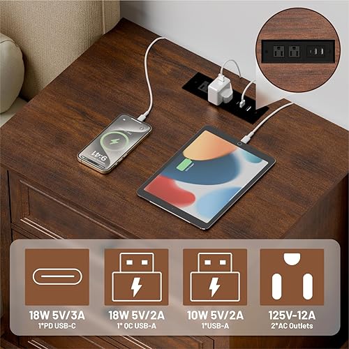 Miniatura 3 de Nightstand with Charging Station, 24” Wide End Table with 3 Drawers, Modern Bedside Table with Storage, Wood Small Dresser for Bedroom Room (Cherry)