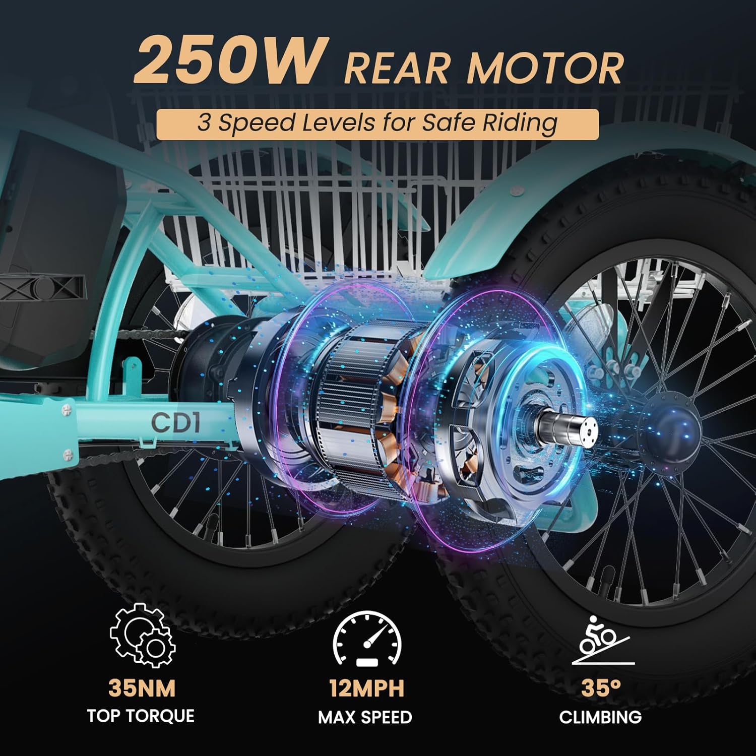 MOONCOOL 16"×3" Youth Electric Trike, 250W Fat-Tire 3-Wheel eBike for Boys & Girls, Aluminum Frame, Removable Battery/Basket, Up to 35-Mile Range